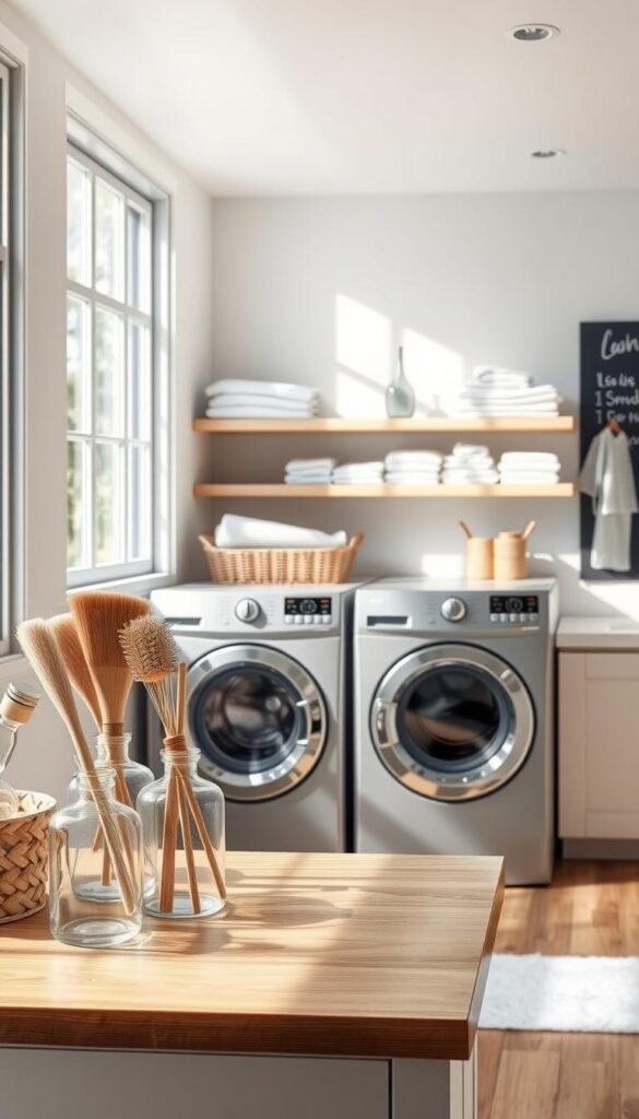 A bright, airy laundry room with natural light streaming in through large windows. In the foreground, a sleek cleaning supplies station featuring stylish glass jars, brushes, and rags neatly arranged on a wooden countertop. The middle ground showcases a modern, front-loading washing machine and dryer in a soft gray finish, complemented by floating shelves displaying neatly folded linens. In the background, a chalkboard wall provides a space for organizing schedules and reminders. The overall atmosphere is one of calm efficiency, with a touch of rustic charm.
