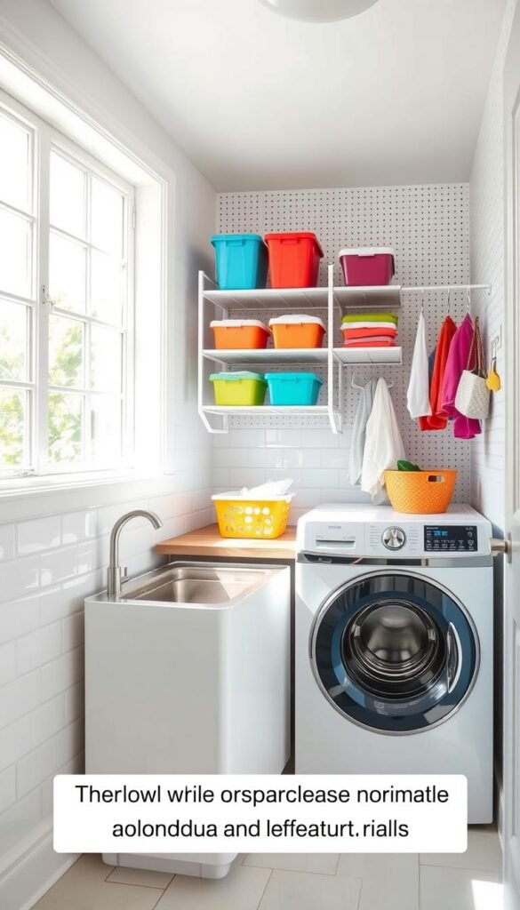 A bright, airy laundry room with natural light streaming through a large window, highlighting a cheerful, budget-friendly decor. In the foreground, a modern, energy-efficient washer and dryer set against a crisp white subway tile backsplash. On the middle shelves, colorful storage bins and baskets neatly organizing supplies. The background features a pegboard wall with simple DIY drying racks and hooks, providing ample storage space. The overall atmosphere is fresh, clean, and inviting, showcasing how a small laundry area can be transformed into an organized, visually appealing space without breaking the bank.