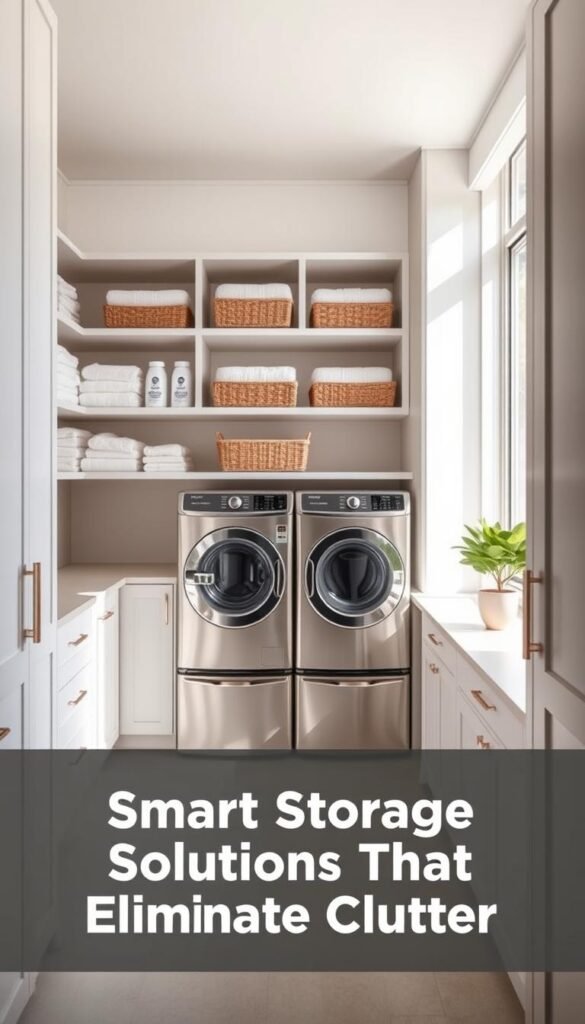 A bright, airy laundry room with sleek, modern cabinetry in a soothing neutral palette. The foreground features neatly folded towels, baskets, and detergents arranged on open shelves, creating a visually appealing and organized display. In the middle ground, a front-loading washer and dryer sit side by side, their stainless steel finish complementing the room's minimalist aesthetic. The background showcases a large window letting in abundant natural light, casting a warm glow throughout the space. Crisp, clean lines, and a touch of greenery from a potted plant add a refreshing, tranquil atmosphere, reflecting the "Smart Storage Solutions That Eliminate Clutter" theme.