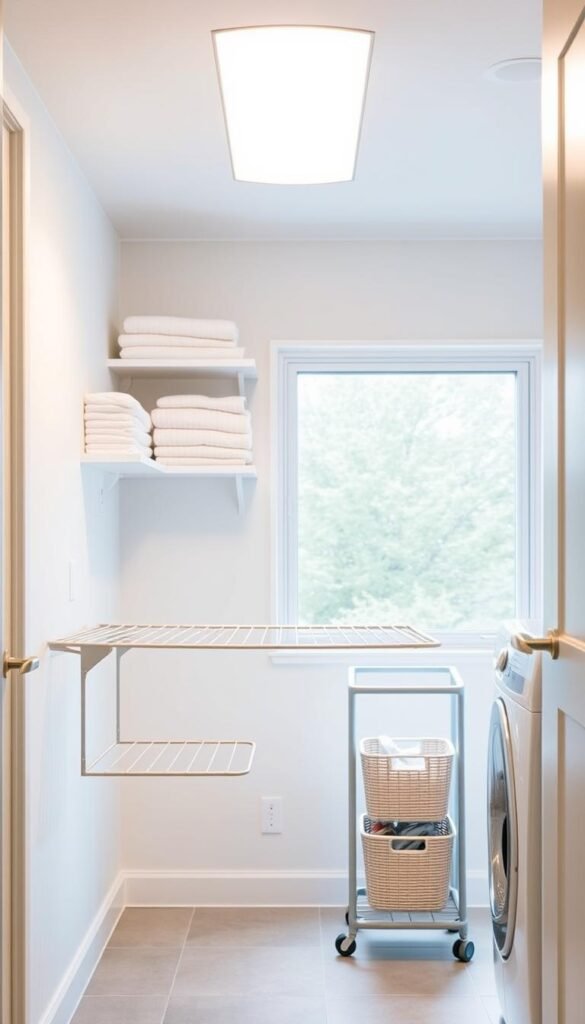 A bright, airy laundry room with sleek, space-saving accessories. In the foreground, a compact wall-mounted drying rack unfolds, its minimalist design complementing the room's modern aesthetic. Overhead, a recessed ceiling light casts a warm, natural glow, illuminating shelves stocked with neatly folded linens and detergents. In the middle ground, a slender utility cart on casters holds baskets for sorting and storing clean clothes. The background features a large window, allowing ample natural light to flood the space and create a sense of openness. The overall mood is one of efficiency and organization, with each element carefully positioned to maximize the limited square footage.
