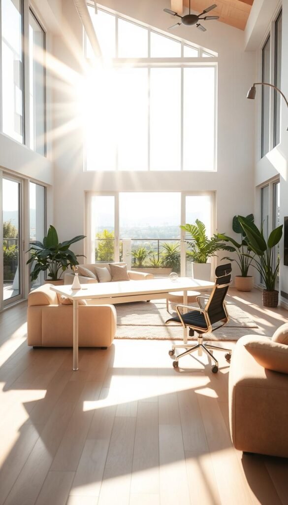 A bright, airy living room flooded with natural light streaming through large windows.