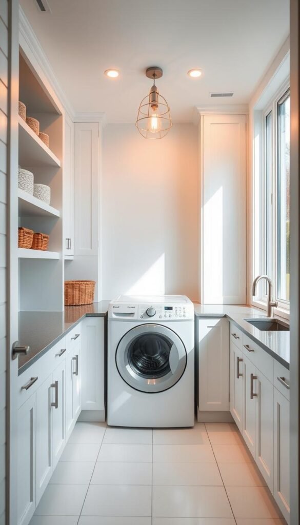 A bright, airy small laundry room with smart storage solutions. A front-loading washer and dryer occupy the center, with built-in shelves and cabinets lining the walls. Sleek white tiles cover the floor, complemented by white shaker-style cabinets and gray quartz countertops. Decorative baskets and jars on the shelves provide stylish storage. Soft, diffused lighting from a minimalist pendant fixture casts a warm glow, highlighting the clean, modern design. Large windows let in natural light, creating a sense of openness and tranquility in the compact space. A bright, airy small laundry room with smart storage solutions. A front-loading washer and dryer occupy the center, with built-in shelves and cabinets lining the walls. Sleek white tiles cover the floor, complemented by white shaker-style cabinets and gray quartz countertops. Decorative baskets and jars on the shelves provide stylish storage. Soft, diffused lighting from a minimalist pendant fixture casts a warm glow, highlighting the clean, modern design. Large windows let in natural light, creating a sense of openness and tranquility in the compact space.
