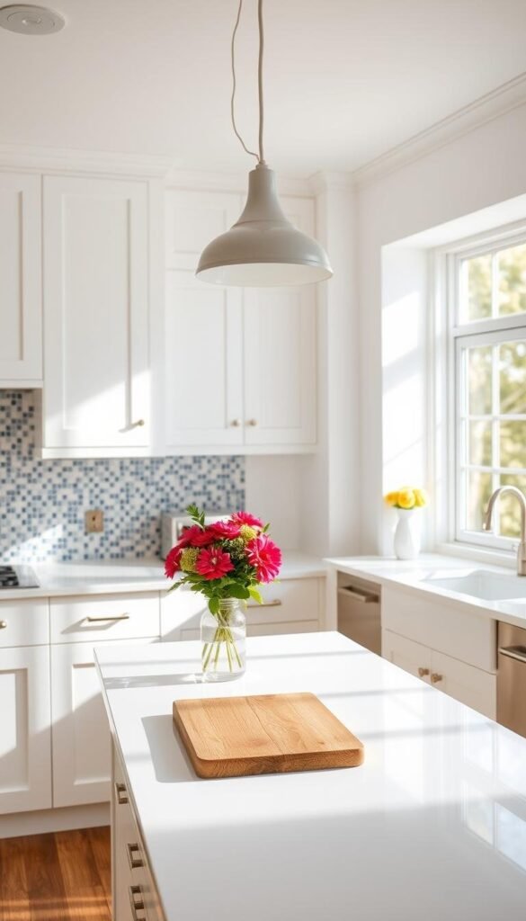A bright, airy white kitchen with a pop of color from a vibrant floral arrangement on the counter. The sleek, minimalist cabinets and appliances are accentuated by the warm, natural light streaming in through large windows. On the backsplash, a mosaic of blue and white tiles adds a touch of elegance. A modern pendant light fixture hangs above a wooden cutting board, complementing the rustic charm of the space. The overall atmosphere is one of clean, sophisticated style, perfectly balancing the neutral tones with the vibrant accent pieces.