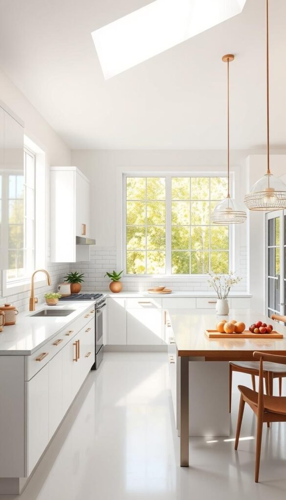 A bright, airy white kitchen with clean lines and minimalist design. Abundant natural light filters through large windows, casting a warm, welcoming glow. Sleek, handleless cabinetry seamlessly blends with quartz countertops, while a subway tile backsplash adds subtle texture. Stainless steel appliances and a modern, energy-efficient lighting system showcase the kitchen's commitment to sustainability. The layout is open and inviting, with a central island providing ample prep space and seating. Carefully selected, eco-friendly materials and finishes, such as bamboo or reclaimed wood accents, highlight the kitchen's environmental consciousness. An overall sense of calming simplicity and harmonious functionality pervades the space.