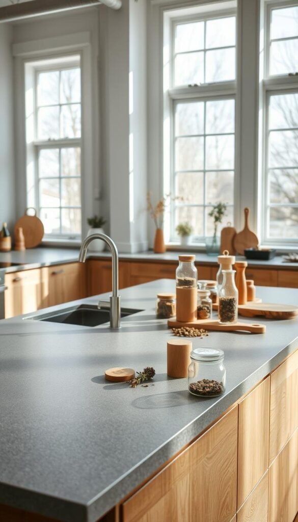 A bright and airy Scandinavian kitchen, bathed in soft natural light streaming through large windows. On a spacious wooden countertop, an assortment of premium materials - smooth gray granite, sleek stainless steel appliances, and a scattering of warm oak wood accents. Elegant glass jars filled with spices and herbs add pops of earthy color. The composition is arranged with a minimalist sensibility, emphasizing the inherent beauty and quality of the materials. The overall atmosphere is one of understated sophistication and functional elegance, reflecting the hallmarks of timeless Scandinavian design.