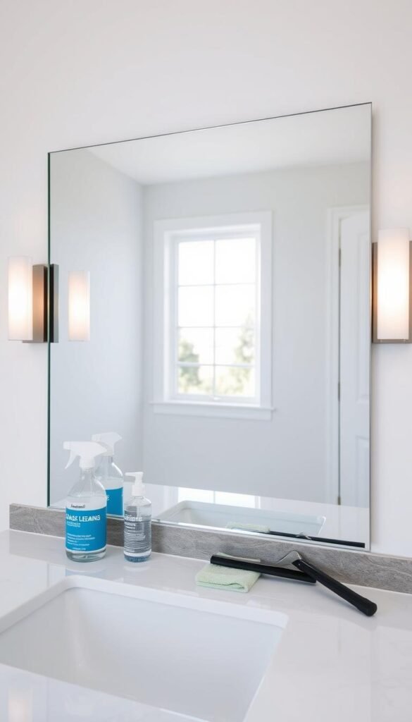 A bright and airy bathroom with a large, rectangular mirror.