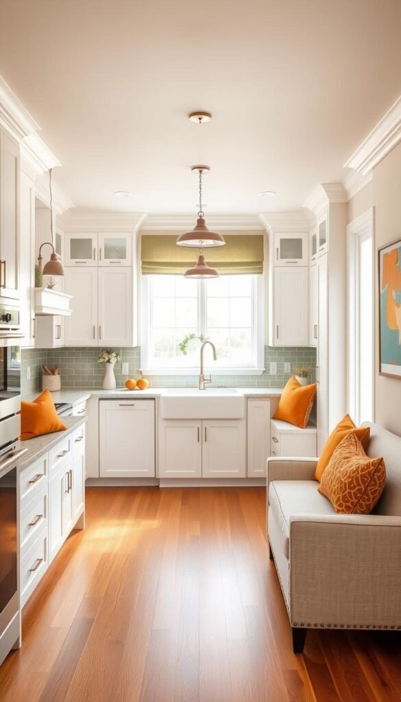 A bright and airy beige kitchen with thoughtful accent colors. Warm hardwood floors lead the eye to a central island with a marble countertop. Sleek white cabinets line the walls, complemented by touches of sage green in the backsplash and window treatments. Pendant lights with brushed bronze fixtures hang overhead, casting a soft glow. Pops of ochre in the throw pillows and artwork add depth and visual interest. The space feels both modern and timeless, a harmonious blend of neutral tones and carefully selected accents.