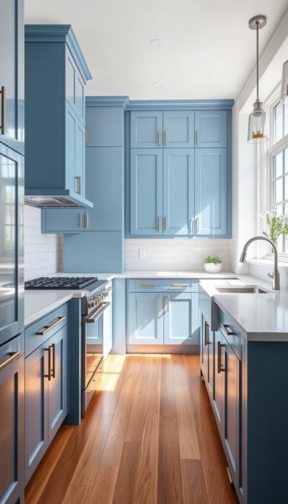 A bright and airy kitchen interior with modern blue cabinets forming the central focus. The cabinets have a subtle sheen, reflecting the natural light filtering in through large windows. Sleek, minimalist hardware adorns the cabinet doors. The backsplash is a complementary white subway tile, creating a clean and cohesive look. The countertops are a light, neutral quartz, providing a seamless transition. Warm hardwood floors and integrated stainless steel appliances complete the high-end, contemporary aesthetic. The overall mood is one of calm sophistication, with a hint of coastal charm.