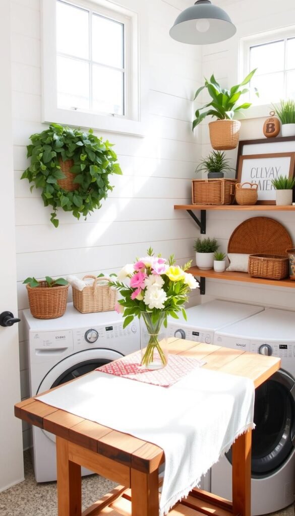 A bright and airy laundry room with personalized decor touches. A white shiplap wall in the background, accentuated by natural light streaming through large windows. In the foreground, a wooden folding table with a colorful patterned runner and a vase of fresh flowers. On the adjacent shelves, a mix of woven baskets, framed artworks, and decorative plants create a cozy, lived-in feel. The overall atmosphere is inviting, with a touch of rustic charm and a focus on adding personal elements to the space.