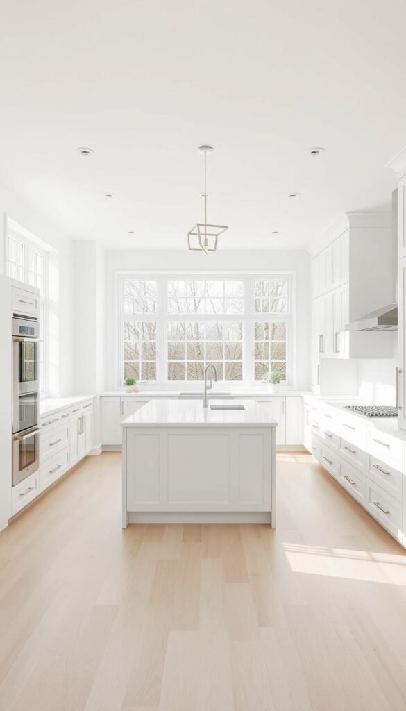 A bright and airy white kitchen with sleek, modern design elements. A large, central island with a pristine white countertop anchors the space, surrounded by minimalist white cabinets and drawers. The room is filled with natural light from large windows, casting a soft, even glow. Stainless steel appliances and hardware provide subtle accents, while a simple, geometric light fixture hovers overhead. The floor is a light, hardwood that complements the overall clean, fresh aesthetic. An atmosphere of timeless elegance and functionality.