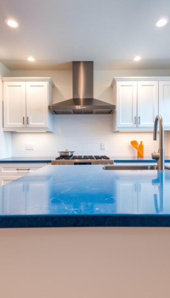 A bright and modern kitchen with sleek, glossy blue quartz countertops that capture the eye. The countertops stretch across the frame, reflecting the soft, even lighting from overhead fixtures. In the background, clean white cabinetry and subway tile backsplash create a crisp, cohesive palette, complementing the bold blue hue. The scene conveys a sense of culinary elegance and sophistication, inviting the viewer to imagine preparing meals in this stylish, functional space.