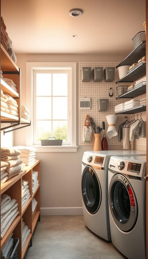 A bright and organized laundry room with ample DIY storage solutions. In the foreground, rows of neatly folded towels and linens on custom shelving units. In the middle ground, a front-loading washer and dryer with a sleek, minimalist design. The background features a pegboard wall system with hooks, baskets, and labeled containers for efficient organization. Warm, natural lighting filters in through large windows, creating a calm and inviting atmosphere. The room exudes a sense of cleanliness and productivity, perfect for a small laundry area. A bright and organized laundry room with ample DIY storage solutions. In the foreground, rows of neatly folded towels and linens on custom shelving units. In the middle ground, a front-loading washer and dryer with a sleek, minimalist design. The background features a pegboard wall system with hooks, baskets, and labeled containers for efficient organization. Warm, natural lighting filters in through large windows, creating a calm and inviting atmosphere. The room exudes a sense of cleanliness and productivity, perfect for a small laundry area.
