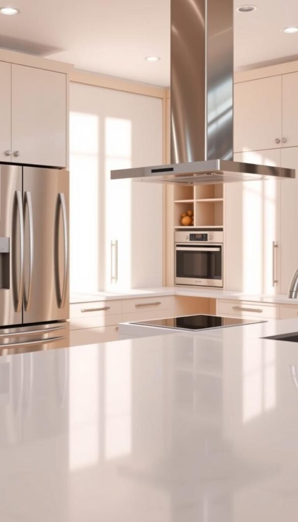 A bright, modern kitchen filled with gleaming, high-end appliances. In the foreground, a sleek, stainless steel refrigerator and oven stand tall, their surfaces reflecting the soft, natural light flooding the space. In the middle ground, a smooth, quartz countertop showcases a state-of-the-art induction cooktop and a gleaming, chrome range hood overhead. The background features a wall of floor-to-ceiling cabinets in a soft, beige tone, complementing the overall neutral palette and creating a harmonious, elegant atmosphere. The scene is captured with a wide-angle lens, emphasizing the spaciousness and functionality of the contemporary kitchen design.