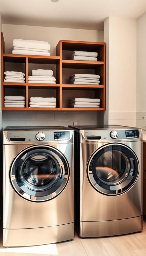 A bright, modern laundry room with sleek, stainless steel appliances prominently displayed. In the foreground, a high-efficiency washer and dryer pair, their doors gleaming under warm, natural lighting. Behind them, a front-loading washing machine and top-loading dryer, neatly arranged in a side-by-side configuration. Shelving units flank the appliances, holding neatly folded linens and detergents. The middle ground features a minimalist, L-shaped countertop with a stainless steel sink. The background showcases pristine white subway tiles, complemented by clean, neutral-toned walls. The overall atmosphere exudes a sense of organization, functionality, and timeless style, perfectly suited for a busy family's laundry needs.