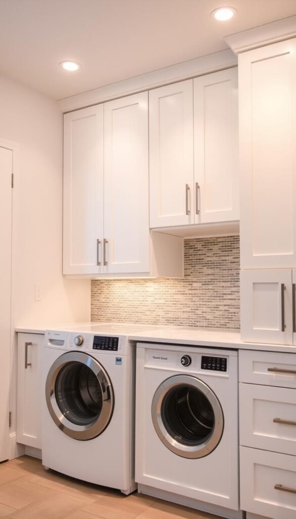 A bright, modern laundry room with sleek white cabinets featuring built-in hampers. The cabinets have a clean, minimalist design with recessed handles, providing ample storage and organization. Soft, even lighting emanates from the recessed ceiling fixtures, casting a warm glow and highlighting the textured tile backsplash. The hampers are seamlessly integrated into the cabinet system, allowing for convenient, hands-free laundry sorting. The room conveys a sense of efficiency and functionality, with a focus on maximizing usable space and streamlining the laundry process. A bright, modern laundry room with sleek white cabinets featuring built-in hampers. The cabinets have a clean, minimalist design with recessed handles, providing ample storage and organization. Soft, even lighting emanates from the recessed ceiling fixtures, casting a warm glow and highlighting the textured tile backsplash. The hampers are seamlessly integrated into the cabinet system, allowing for convenient, hands-free laundry sorting. The room conveys a sense of efficiency and functionality, with a focus on maximizing usable space and streamlining the laundry process.