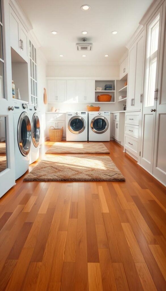 A bright, spacious laundry room with a warm, welcoming ambiance. The foreground features a stunning hardwood floor in a rich, honey-toned hue, its smooth surface reflecting the soft, natural lighting from large windows. Transitioning to the middle ground, plush, textured area rugs in earthy, muted tones create a cozy, inviting atmosphere, while strategically placed lighting fixtures cast a gentle glow. In the background, sleek white cabinetry and shelving provide ample storage and a clean, modern aesthetic, complemented by a crisp, neutral wall color. The overall scene exudes a sense of tranquility and organization, perfectly suited for an article on stylish laundry room decor.