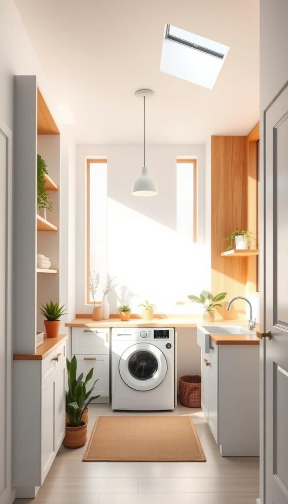A bright, sun-drenched laundry room with crisp white walls and natural wood accents. Tall, narrow windows let in ample daylight, casting warm, diffused illumination across the small but efficiently-designed space. Minimalist shelving, a compact front-loading washer and dryer, and a sleek utility sink create a streamlined, uncluttered aesthetic. Potted plants and a natural fiber rug add subtle texture and organic elements, while a single pendant light fixture provides task lighting. The overall mood is clean, modern, and airy, with a focus on maximizing the limited square footage through thoughtful, space-saving design.