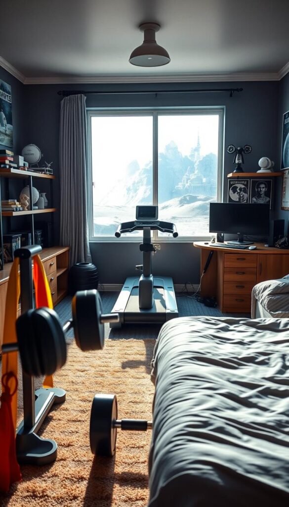 A bright, sun-lit astronaut training bedroom with a focus on physical activity features. In the foreground, a weightlifting station with various free weights and resistance bands. In the middle ground, a treadmill and exercise bike facing a large window overlooking a simulated lunar landscape. The background features shelves displaying model spacecraft, space-themed posters, and a desk with a high-tech computer setup. The lighting is warm and natural, creating a motivating atmosphere for the aspiring astronaut. A sense of adventure and exploration permeates the scene, inspiring the occupant to push their limits and achieve their cosmic dreams. A bright, sun-lit astronaut training bedroom with a focus on physical activity features. In the foreground, a weightlifting station with various free weights and resistance bands. In the middle ground, a treadmill and exercise bike facing a large window overlooking a simulated lunar landscape. The background features shelves displaying model spacecraft, space-themed posters, and a desk with a high-tech computer setup. The lighting is warm and natural, creating a motivating atmosphere for the aspiring astronaut. A sense of adventure and exploration permeates the scene, inspiring the occupant to push their limits and achieve their cosmic dreams.