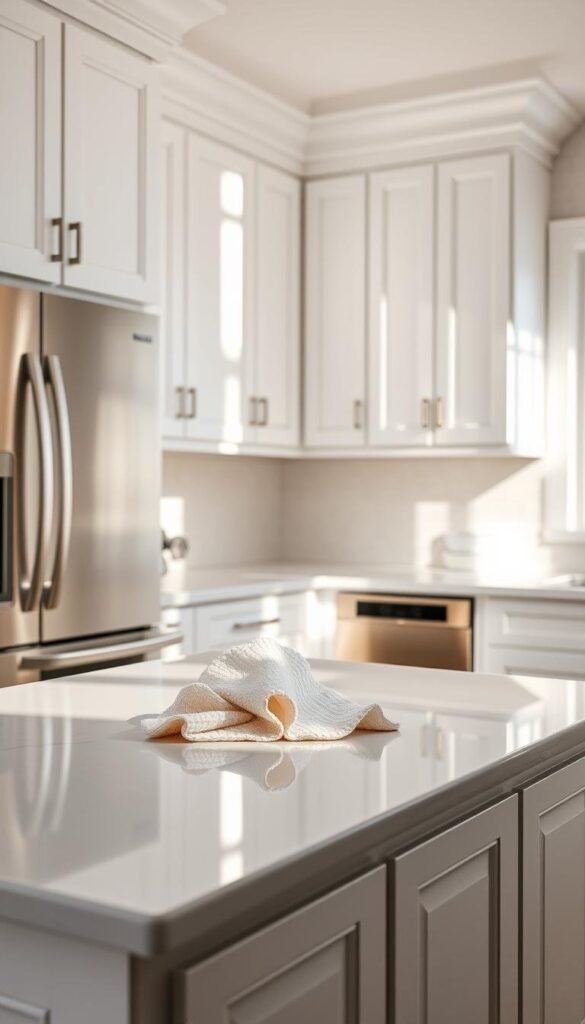 A bright, well-lit kitchen with gleaming white cabinets and a pristine quartz countertop. The scene is bathed in natural light, casting a warm, diffused glow. The cabinets have a smooth, satin finish, showcasing their impeccable cleanliness. A soft microfiber cloth sits nearby, ready to wipe away any errant smudges or fingerprints. The countertop shines like a mirror, reflecting the room's contents. A few stainless steel appliances add a touch of modern elegance, complementing the timeless white palette. The overall atmosphere exudes a sense of tranquility and order, inviting the viewer to imagine the effortless maintenance of this beautiful white kitchen.