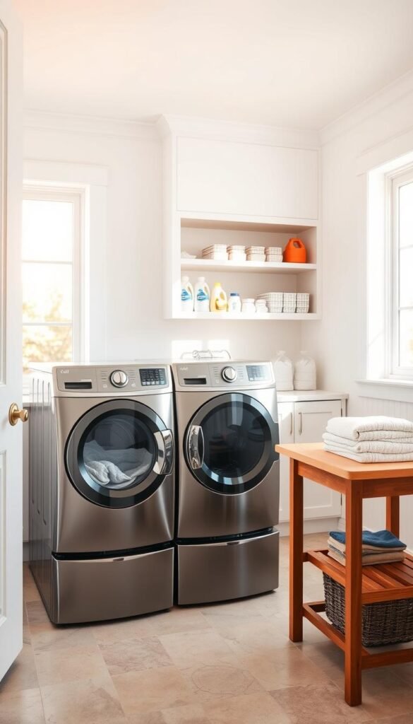 A bright, well-lit laundry room interior with a modern and organized layout. In the foreground, a high-efficiency front-loading washer and dryer in a sleek, stainless steel finish sit side-by-side. The washer has a large, transparent door, showcasing the tumbling clothes inside. Nearby, a sturdy folding table provides ample space for sorting and folding clean laundry. In the middle ground, a built-in shelving unit houses neatly arranged detergents, fabric softeners, and other laundry essentials. The background features neutral-toned tile flooring and bright white walls, creating a clean, minimalist aesthetic. Warm, natural lighting from large windows illuminates the room, highlighting the efficient and practical design of the laundry appliances.