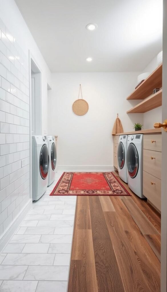 A bright, well-lit laundry room interior with a variety of stylish flooring options displayed. The foreground showcases different tile patterns, textures, and colors - from sleek white subway tiles to rustic hardwood-look luxury vinyl planks. In the middle ground, a mix of mid-century modern and contemporary area rugs add pops of vibrant hues. The background features a minimalist white wall with natural wood shelving, creating a cohesive, harmonious space. Soft, diffused lighting casts a warm glow, highlighting the luxurious yet practical flooring choices that would elevate the aesthetic of a tiny laundry room.