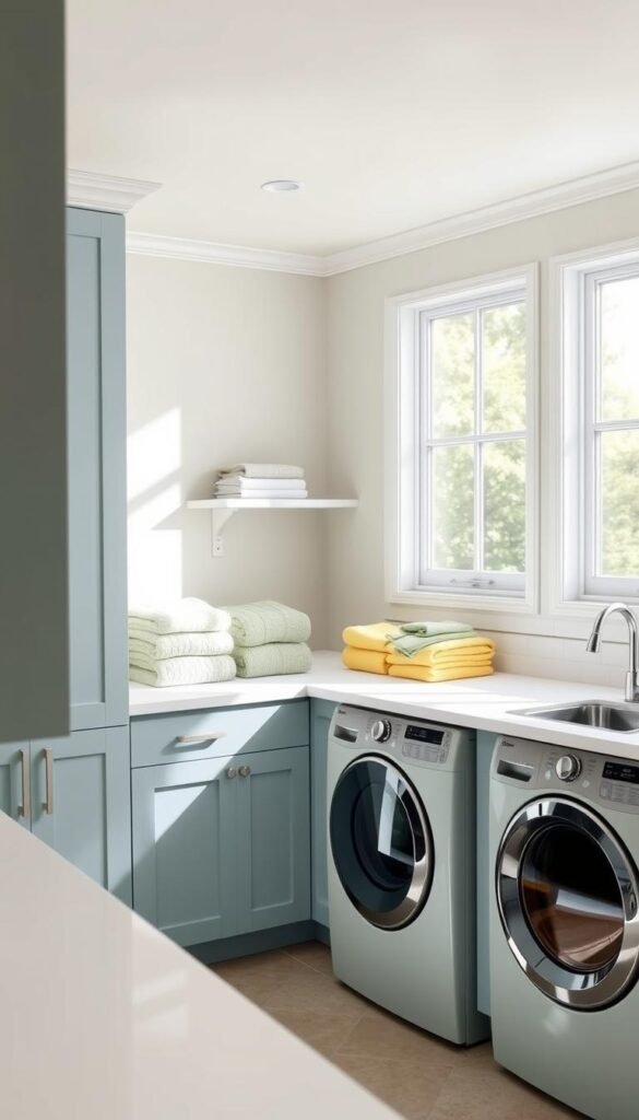 A bright, well-lit laundry room with a cheerful color scheme. The foreground features modern, minimalist cabinets in a soft, muted pastel blue, complemented by sleek white countertops. The middle ground showcases an arrangement of neatly folded towels and laundry baskets in harmonious shades of sage green and lemon yellow. The background presents a pleasant, airy atmosphere with large windows letting in ample natural light, accentuating the room's warm, inviting ambiance. The overall composition exudes a sense of organization, functionality, and visual appeal, reflecting the perfect balance of form and function in a stylish laundry room design. A bright, well-lit laundry room with a cheerful color scheme. The foreground features modern, minimalist cabinets in a soft, muted pastel blue, complemented by sleek white countertops. The middle ground showcases an arrangement of neatly folded towels and laundry baskets in harmonious shades of sage green and lemon yellow. The background presents a pleasant, airy atmosphere with large windows letting in ample natural light, accentuating the room's warm, inviting ambiance. The overall composition exudes a sense of organization, functionality, and visual appeal, reflecting the perfect balance of form and function in a stylish laundry room design.