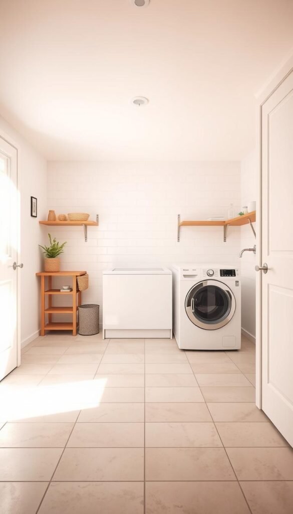 A bright, well-lit laundry room with a modern, minimalist tile floor in a neutral color palette. The tiles have a matte finish and are arranged in a simple, clean grid pattern, complementing the overall minimalist aesthetic. The lighting is natural, flooding the room with a warm, soft glow, creating a cozy and inviting atmosphere. The camera angle captures a wide view of the room, showcasing the ample space and the potential for various floor and wall options to enhance the small laundry room's design. A bright, well-lit laundry room with a modern, minimalist tile floor in a neutral color palette. The tiles have a matte finish and are arranged in a simple, clean grid pattern, complementing the overall minimalist aesthetic. The lighting is natural, flooding the room with a warm, soft glow, creating a cozy and inviting atmosphere. The camera angle captures a wide view of the room, showcasing the ample space and the potential for various floor and wall options to enhance the small laundry room's design.