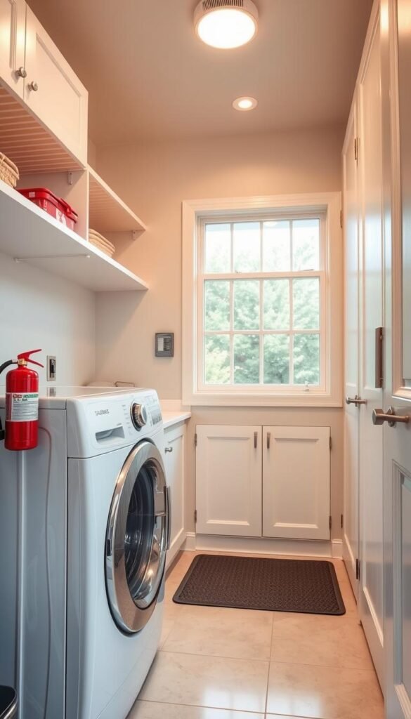 A bright, well-lit laundry room with clean, organized shelves and cabinets. In the foreground, a stacked washer and dryer, their surfaces gleaming. A fire extinguisher and first aid kit are prominently displayed, ensuring safety measures are in place. The middle ground features a sturdy, non-slip floor mat and a clearly visible circuit breaker panel. The background showcases ample natural light from large windows, complemented by soft, warm overhead lighting. The overall atmosphere conveys a sense of order, cleanliness, and a keen attention to detail in maintaining a safe and functional laundry space.