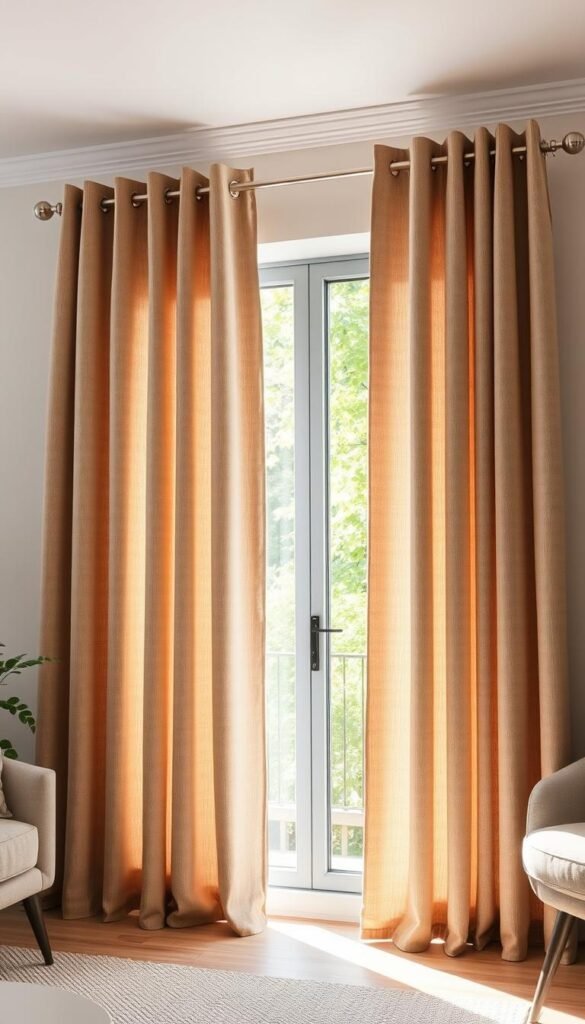 A bright, well-lit living room with large energy-efficient curtains made of high-quality, insulating fabric.