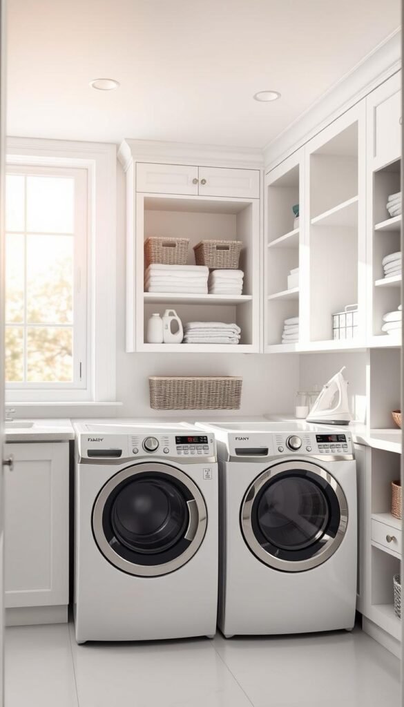 A bright, well-organized laundry room with a clean, minimalist aesthetic. In the foreground, a set of modern front-loading washing machines and dryers in a neutral color scheme. Sleek built-in shelves and cabinets line the walls, efficiently storing detergents, softeners, and other laundry essentials. A large window floods the space with natural light, casting a warm glow over the scene. The room's layout showcases a thoughtful, multi-functional design, with ample folding space and a built-in ironing board. The overall impression is one of calm, order, and practical elegance - a laundry room that streamlines the chore and elevates the experience. A bright, well-organized laundry room with a clean, minimalist aesthetic. In the foreground, a set of modern front-loading washing machines and dryers in a neutral color scheme. Sleek built-in shelves and cabinets line the walls, efficiently storing detergents, softeners, and other laundry essentials. A large window floods the space with natural light, casting a warm glow over the scene. The room's layout showcases a thoughtful, multi-functional design, with ample folding space and a built-in ironing board. The overall impression is one of calm, order, and practical elegance - a laundry room that streamlines the chore and elevates the experience.