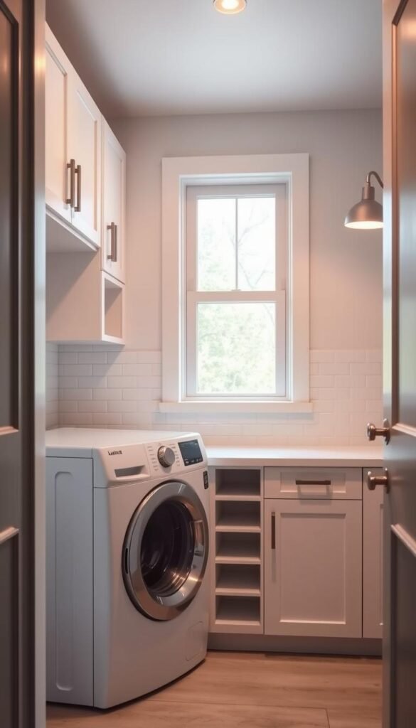 A bright, well-organized small laundry room with ample storage solutions. In the foreground, a white front-loading washer and dryer are neatly arranged, complemented by sleek cabinetry and shelving above. The middle ground features a minimalist folding counter, optimizing the workflow with its practical design. The background showcases tasteful subway tile backsplash and natural light streaming in through a window, creating a refreshing, airy atmosphere. The room is illuminated by modern, energy-efficient lighting fixtures that cast a warm glow, enhancing the sense of efficiency and functionality. The overall composition conveys a harmonious, clutter-free laundry space that maximizes the small footprint.