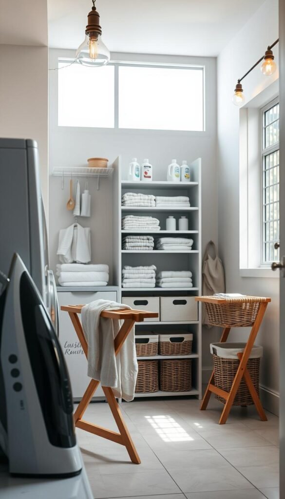 A brightly lit laundry room interior with various functional and decorative accessories neatly arranged. In the foreground, a sleek, modern iron, a folding wooden drying rack, and a set of minimalist baskets for sorting clothes. In the middle ground, a sleek, wall-mounted storage unit with shelves displaying neatly folded towels, laundry detergents, and other essential items. The background features a large window allowing natural light to flood the space, complemented by warm, industrial-style lighting fixtures. The overall atmosphere is one of organization, efficiency, and a touch of rustic charm, creating an inviting and practical laundry room setup.