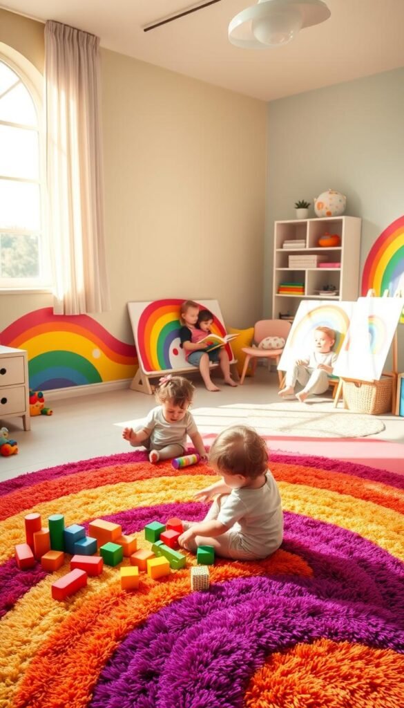 A brightly lit nursery with a vibrant rainbow mural covering the walls, casting a warm glow over a group of toddlers engaged in various developmental activities. In the foreground, a child sits on a plush rainbow-colored rug, exploring colorful building blocks. In the middle ground, another child paints a rainbow-themed canvas, their face alight with concentration. In the background, a cozy reading nook invites little ones to curl up with books, surrounded by rainbow-hued cushions and shelves. The scene radiates a sense of joy, creativity, and the boundless potential of early childhood development. A brightly lit nursery with a vibrant rainbow mural covering the walls, casting a warm glow over a group of toddlers engaged in various developmental activities. In the foreground, a child sits on a plush rainbow-colored rug, exploring colorful building blocks. In the middle ground, another child paints a rainbow-themed canvas, their face alight with concentration. In the background, a cozy reading nook invites little ones to curl up with books, surrounded by rainbow-hued cushions and shelves. The scene radiates a sense of joy, creativity, and the boundless potential of early childhood development.