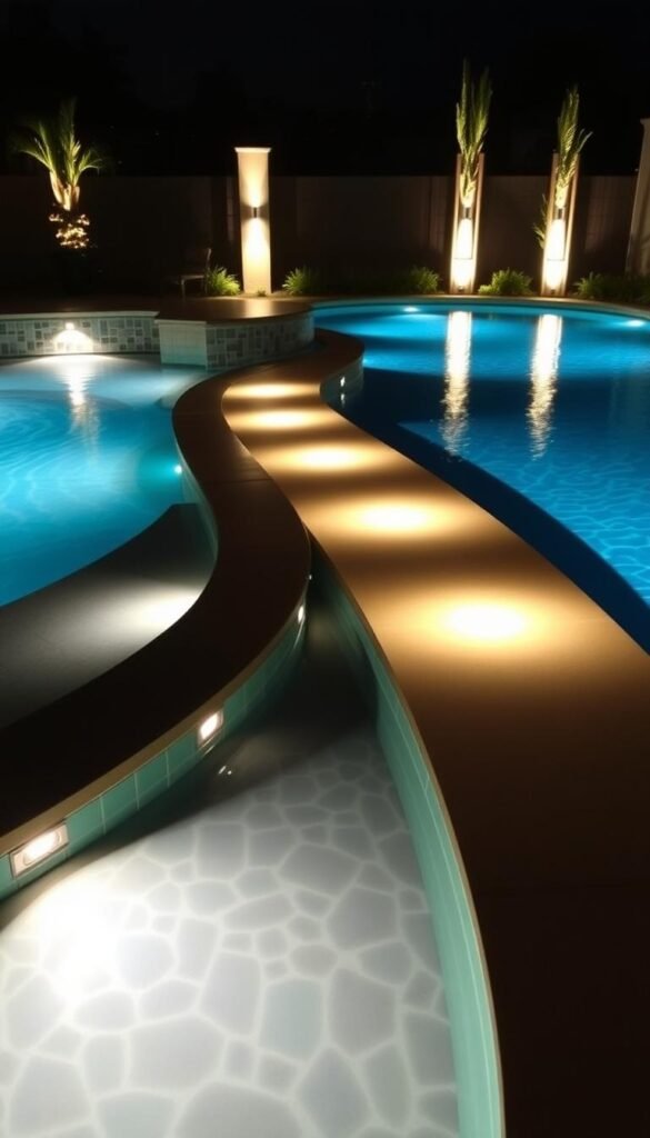 A captivating pool illuminated by a stunning array of lighting solutions, casting a warm, inviting glow across the water's surface. Sleek in-ground spotlights strategically positioned along the pool's edge, their beams reflecting off the gently rippling water. Elegant path lighting guides the way, its soft radiance illuminating the surrounding landscape. Tall, slender uplights flanking the pool's perimeter, accentuating the architectural features and creating a mesmerizing play of light and shadow. The overall atmosphere is one of tranquility and sophistication, inviting the viewer to imagine relaxing by this alluring pool at night.
