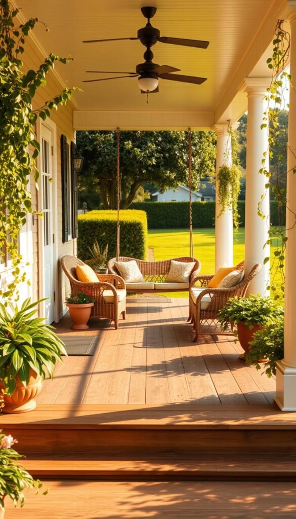A charming and inviting front porch, bathed in warm afternoon sunlight. The porch is adorned with comfortable wicker furniture, plush throw pillows, and a cozy hanging swing. Lush potted plants and trailing vines frame the entryway, creating a welcoming and natural ambiance. The wood-paneled floor is weathered yet sturdy, leading to a set of wide steps that guide visitors up to the home's entrance. In the background, a well-manicured lawn and neatly trimmed hedges suggest a well-kept and picturesque suburban setting. The overall scene conveys a sense of relaxation, hospitality, and timeless curb appeal. A charming and inviting front porch, bathed in warm afternoon sunlight. The porch is adorned with comfortable wicker furniture, plush throw pillows, and a cozy hanging swing. Lush potted plants and trailing vines frame the entryway, creating a welcoming and natural ambiance. The wood-paneled floor is weathered yet sturdy, leading to a set of wide steps that guide visitors up to the home's entrance. In the background, a well-manicured lawn and neatly trimmed hedges suggest a well-kept and picturesque suburban setting. The overall scene conveys a sense of relaxation, hospitality, and timeless curb appeal.