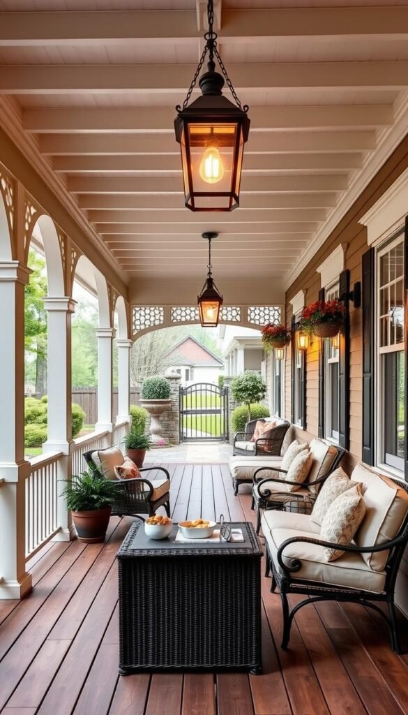 A charming and inviting front porch with a timeless design. A wide wooden deck, adorned with sturdy columns supporting a gabled roof. Intricate latticework and decorative brackets add elegant touches. Plush cushioned patio furniture in neutral tones invites relaxation, while potted plants and hanging baskets bring a touch of nature. Soft, warm lighting from a vintage-inspired lantern casts a cozy glow, creating an atmosphere of comfort and tranquility. The porch overlooks a neatly landscaped yard, with a path leading to the front gate. This design seamlessly blends classic elements with modern comforts, exuding a sense of sophistication and welcoming ambiance.