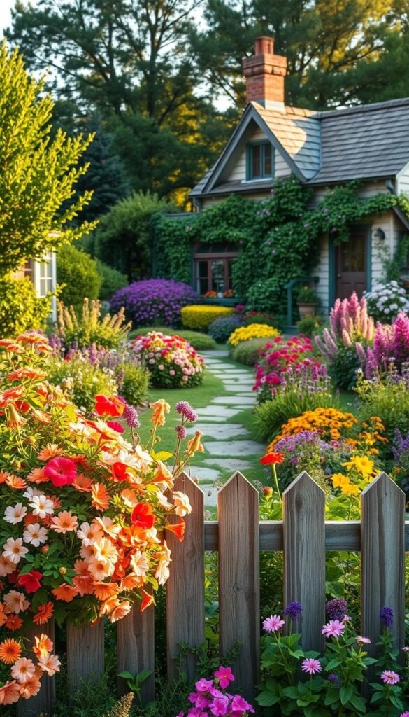 A charming and vibrant cottage garden scene, filled with an abundance of colorful blooms throughout the seasons. In the foreground, a lush mix of perennials and annuals cascade over a weathered wooden fence, their petals dancing in the soft, natural lighting. In the middle ground, a whimsical path winds through the garden, flanked by bursts of color from flowering shrubs and climbing vines. In the background, a quaint cottage nestled among mature trees, its weathered siding and cozy charm creating a picturesque, timeless setting. Warm, golden tones bathe the scene, evoking a sense of tranquility and timeless beauty.