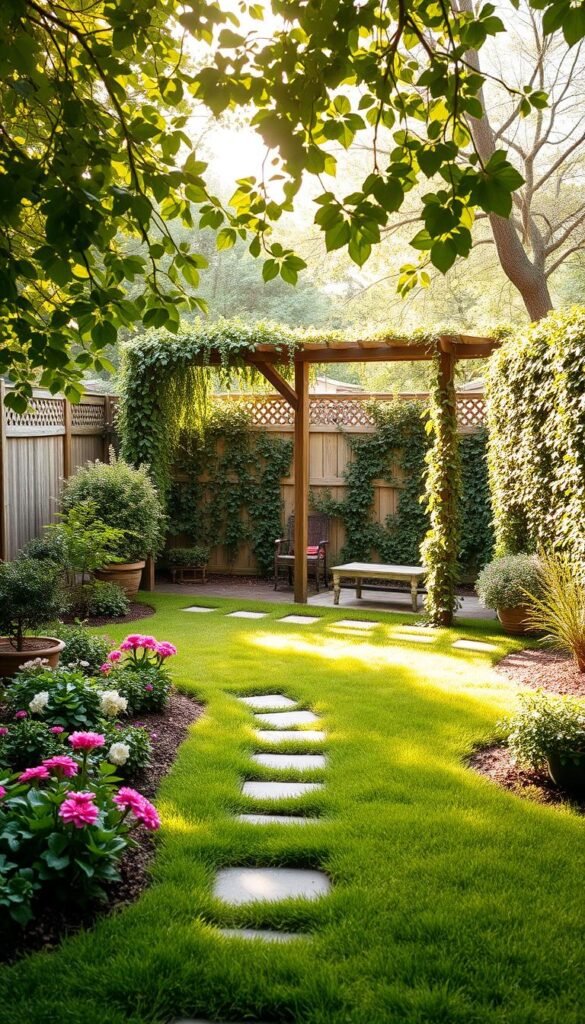 A charming backyard oasis with lush greenery and cozy seating areas. In the foreground, a well-manicured lawn dotted with vibrant flower beds, while a stone pathway meanders through the scene. In the middle ground, a small wooden pergola draped in cascading vines creates a tranquil retreat. Beyond, a privacy fence is adorned with climbing ivy, blending the outdoor space seamlessly with the natural surroundings. Warm, diffused sunlight filters through the leaves, casting a soft, inviting glow over the entire composition. The overall atmosphere is one of serene relaxation and the efficient use of a limited outdoor area.