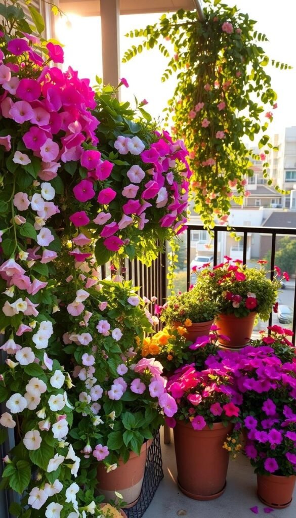 A charming balcony with an abundance of vibrant flowers and lush greenery, bathed in warm, golden sunlight. In the foreground, cascading vines and trailing blooms spill over the railing, creating a lush, romantic display. In the middle ground, a variety of potted plants and flowers in complementary colors – from delicate pastel petunias to bold, vibrant geraniums – are artfully arranged to create a cohesive, visually stunning tableau. In the background, a glimpse of the cityscape beyond, providing a picturesque contrast to the natural beauty of the balcony oasis. The overall scene exudes a sense of tranquility, inviting the viewer to imagine themselves relaxing amidst this verdant, serene setting.