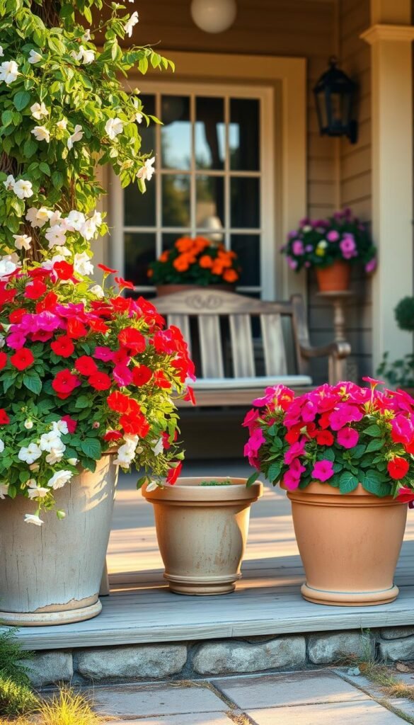 A charming front porch with a vibrant arrangement of flower pots in the foreground. The pots are overflowing with a lush mix of colorful blooms, including cascading petunias, fragrant geraniums, and verdant foliage. The porch is bathed in warm, golden light, creating a welcoming, naturalistic atmosphere. In the middle ground, a weathered wooden bench invites visitors to pause and admire the floral display. The background features a cozy, inviting facade with classic architectural details, complementing the organic, earthy tones of the flower pots. The overall scene exudes a sense of tranquility and the beauty of nature, perfectly embodying the "Incorporating Natural Elements" theme. A charming front porch with a vibrant arrangement of flower pots in the foreground. The pots are overflowing with a lush mix of colorful blooms, including cascading petunias, fragrant geraniums, and verdant foliage. The porch is bathed in warm, golden light, creating a welcoming, naturalistic atmosphere. In the middle ground, a weathered wooden bench invites visitors to pause and admire the floral display. The background features a cozy, inviting facade with classic architectural details, complementing the organic, earthy tones of the flower pots. The overall scene exudes a sense of tranquility and the beauty of nature, perfectly embodying the "Incorporating Natural Elements" theme.