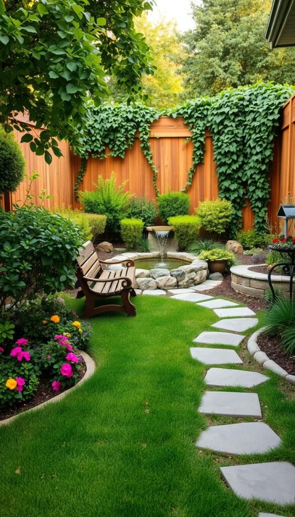 A charming small backyard oasis with lush greenery and warm, natural lighting. In the foreground, a well-manicured lawn dotted with colorful flower beds and neatly trimmed shrubs. A cozy seating area with a rustic wooden bench nestled amidst the foliage, inviting relaxation. The middle ground features a meandering stone path leading to a tranquil water feature, the gentle sound of flowing water adding to the serene ambiance. In the background, a wooden privacy fence is draped with cascading vines, creating a sense of enclosure and intimacy. The overall composition exudes a sense of peaceful retreat, where one can truly unwind and make the most of a compact outdoor space. A charming small backyard oasis with lush greenery and warm, natural lighting. In the foreground, a well-manicured lawn dotted with colorful flower beds and neatly trimmed shrubs. A cozy seating area with a rustic wooden bench nestled amidst the foliage, inviting relaxation. The middle ground features a meandering stone path leading to a tranquil water feature, the gentle sound of flowing water adding to the serene ambiance. In the background, a wooden privacy fence is draped with cascading vines, creating a sense of enclosure and intimacy. The overall composition exudes a sense of peaceful retreat, where one can truly unwind and make the most of a compact outdoor space.