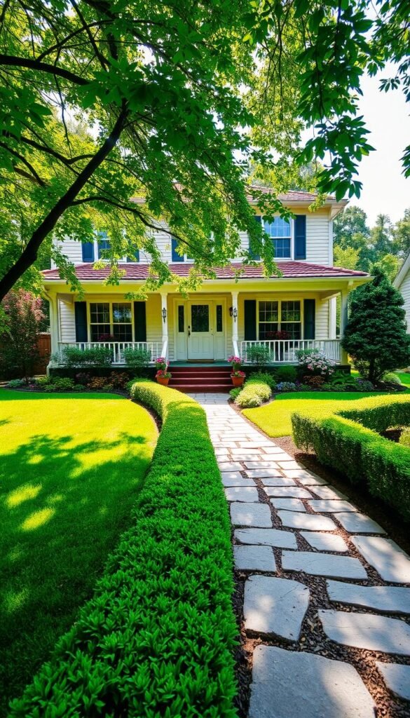 A charming two-story suburban house with a well-manicured front yard, lush green lawn, and a variety of colorful flowers and shrubs lining the walkway. The house has a warm, inviting exterior with a neatly painted white siding, a red-tiled roof, and a welcoming front porch. Sunlight filters through the trees, casting a gentle glow on the scene. In the foreground, a stone pathway leads to the front door, flanked by neatly trimmed hedges and potted plants. The overall atmosphere is one of tranquility and curb appeal, showcasing the beauty and care that goes into creating an inviting front house landscape.