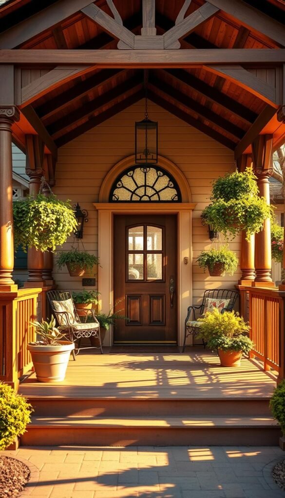 A charming, well-designed front porch with a warm, inviting atmosphere. The porch features a sturdy, wooden structure with intricate detailing and a railing that wraps around the perimeter. The front door is framed by a classic, decorative archway, creating a grand, welcoming entrance. Lush, potted plants and hanging baskets adorn the porch, adding a touch of natural elegance. The scene is bathed in soft, golden sunlight, casting a cozy glow and creating long, inviting shadows. The porch's layout is practical, with comfortable seating and ample space for enjoying the outdoors. The overall design seamlessly blends traditional and modern elements, resulting in a front porch that is both visually appealing and highly functional. A charming, well-designed front porch with a warm, inviting atmosphere. The porch features a sturdy, wooden structure with intricate detailing and a railing that wraps around the perimeter. The front door is framed by a classic, decorative archway, creating a grand, welcoming entrance. Lush, potted plants and hanging baskets adorn the porch, adding a touch of natural elegance. The scene is bathed in soft, golden sunlight, casting a cozy glow and creating long, inviting shadows. The porch's layout is practical, with comfortable seating and ample space for enjoying the outdoors. The overall design seamlessly blends traditional and modern elements, resulting in a front porch that is both visually appealing and highly functional.