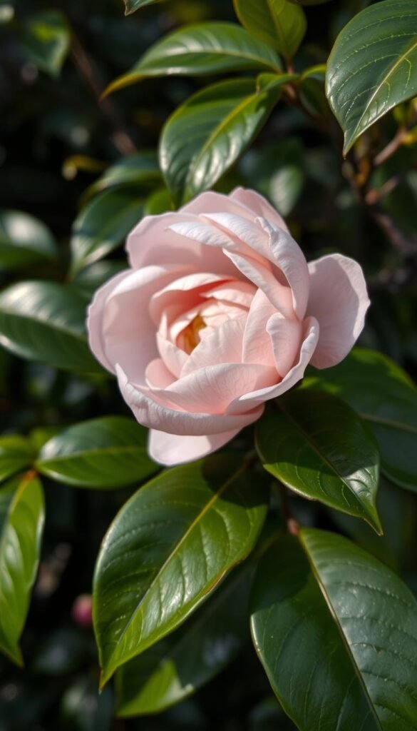 A close-up photograph of a blooming Camellia Japonica flower in winter. The delicate petals, in a range of soft, muted pinks, are gently unfurling against a backdrop of lush, verdant foliage. Soft, diffused natural lighting illuminates the scene, creating a sense of tranquility and serenity. The flower is captured at the perfect moment, showcasing the exquisite details of its intricate structure. The image has a shallow depth of field, allowing the bloom to be the central focus, while the surrounding leaves provide a harmonious, natural frame. The overall atmosphere evokes the serene beauty of a traditional Japanese garden in the wintertime.