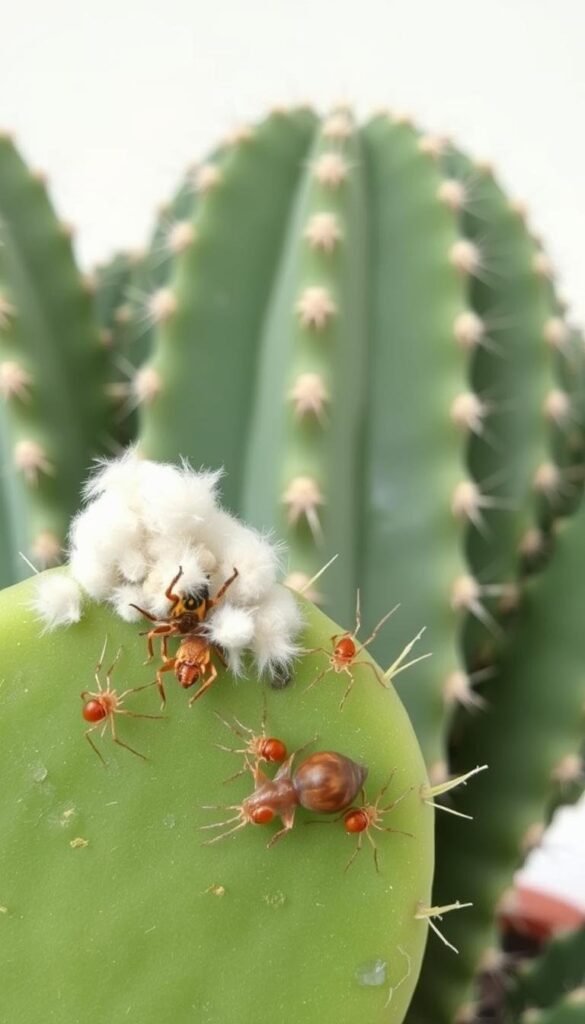A close-up view of a thriving cactus plant, its thick green pads contrasted against a clean, minimal background. In the foreground, several common cactus pests are visible, including a cottony white mealybug infestation, a cluster of tiny red spider mites, and the telltale trails of a snail or slug. The lighting is soft and diffused, highlighting the textural details of the plant and its unwelcome visitors. The overall scene conveys a sense of potential threat to the cactus's health, inviting the viewer to learn more about these prevalent issues and how to address them.