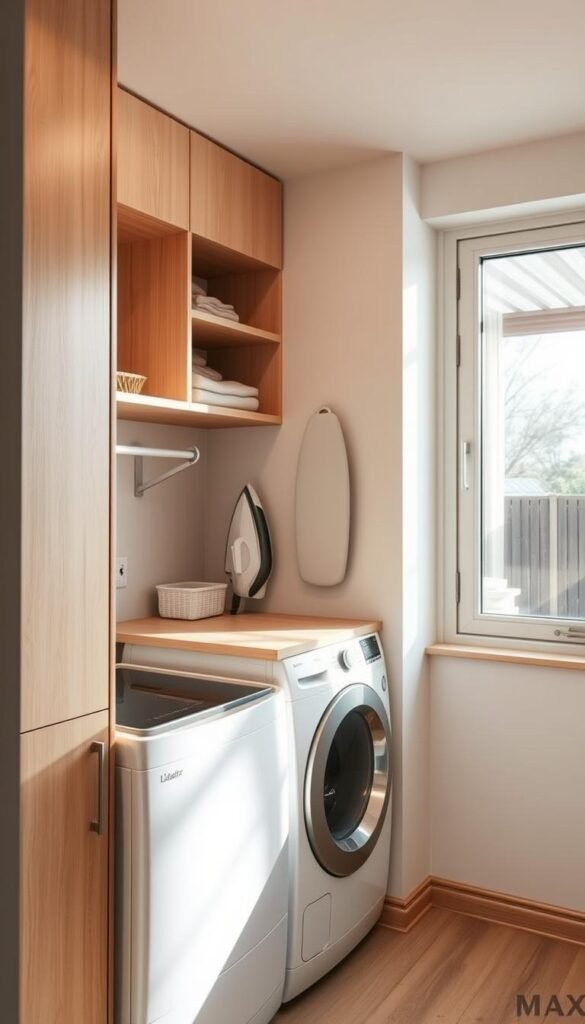 A compact, well-organized laundry room bathed in warm, natural light. The foreground features a modern, energy-efficient washer and dryer set, complemented by sleek, minimalist cabinetry in a light wood tone. The middle ground showcases clever storage solutions, including wall-mounted shelves and a fold-down ironing board. In the background, a large window overlooks a cozy, inviting outdoor space, blending the indoor and outdoor environments. The room exudes a sense of effortless functionality and calm, creating an atmosphere that makes even mundane chores feel pleasant. A compact, well-organized laundry room bathed in warm, natural light. The foreground features a modern, energy-efficient washer and dryer set, complemented by sleek, minimalist cabinetry in a light wood tone. The middle ground showcases clever storage solutions, including wall-mounted shelves and a fold-down ironing board. In the background, a large window overlooks a cozy, inviting outdoor space, blending the indoor and outdoor environments. The room exudes a sense of effortless functionality and calm, creating an atmosphere that makes even mundane chores feel pleasant.