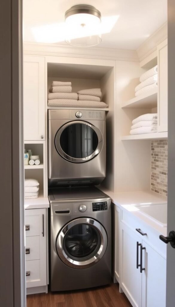 A compact yet functional laundry room, bathed in warm, natural light filtering through a large window. In the foreground, a sleek, stacked washer and dryer duo nestled snugly into a cleverly designed alcove, their minimalist forms complementing the space. Surrounding the appliances, built-in shelves and cabinets offer ample storage for detergents, folded linens, and laundry essentials. In the middle ground, a small utility sink sits alongside, providing a convenient spot for hand-washing delicates. The background features a tasteful tile backsplash, adding a touch of texture and visual interest to the room. Overall, the scene conveys a sense of efficient organization and a harmonious blend of form and function, perfectly suited for a tiny laundry area.