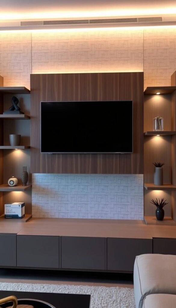 A contemporary TV wall design with a sleek, minimalist aesthetic.