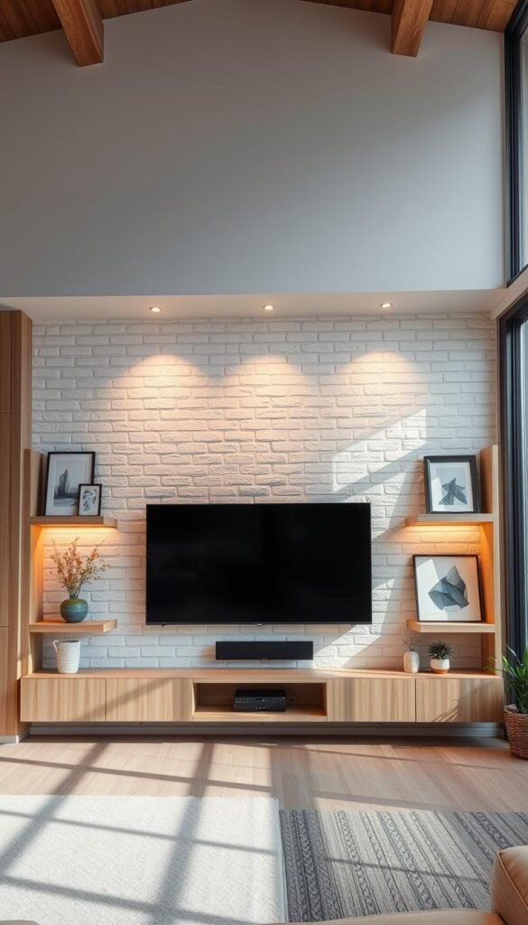 A contemporary and stylish TV wall, featuring a sleek, minimalist design with a mix of natural and modern materials.