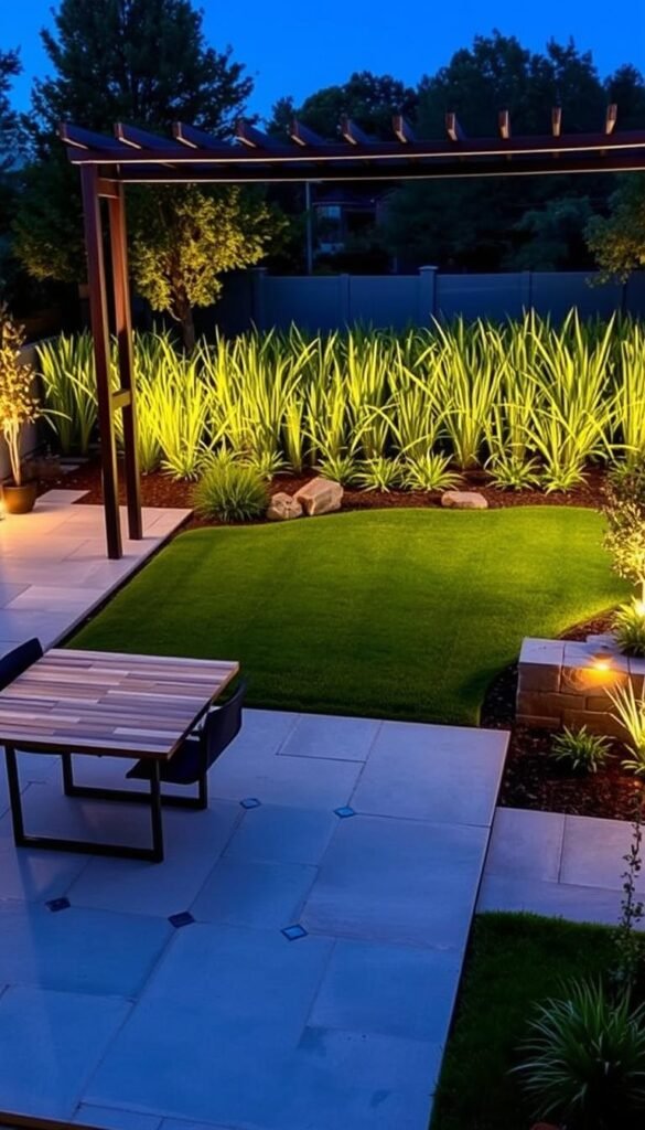 A contemporary backyard landscape, featuring a sleek hardscaping design with a mix of natural and modern elements. In the foreground, a rectangular stone patio with a minimalist wood-and-metal dining set. Mid-ground showcases a well-manicured lawn, dotted with strategically placed boulders and geometric shrub plantings. The background is anchored by a striking metal pergola, casting dramatic shadows and leading the eye to a lush, verdant border of ornamental grasses and low-growing perennials. Warm, even lighting from concealed fixtures illuminates the scene, creating a serene, inviting atmosphere perfect for outdoor living and entertaining. A contemporary backyard landscape, featuring a sleek hardscaping design with a mix of natural and modern elements. In the foreground, a rectangular stone patio with a minimalist wood-and-metal dining set. Mid-ground showcases a well-manicured lawn, dotted with strategically placed boulders and geometric shrub plantings. The background is anchored by a striking metal pergola, casting dramatic shadows and leading the eye to a lush, verdant border of ornamental grasses and low-growing perennials. Warm, even lighting from concealed fixtures illuminates the scene, creating a serene, inviting atmosphere perfect for outdoor living and entertaining.